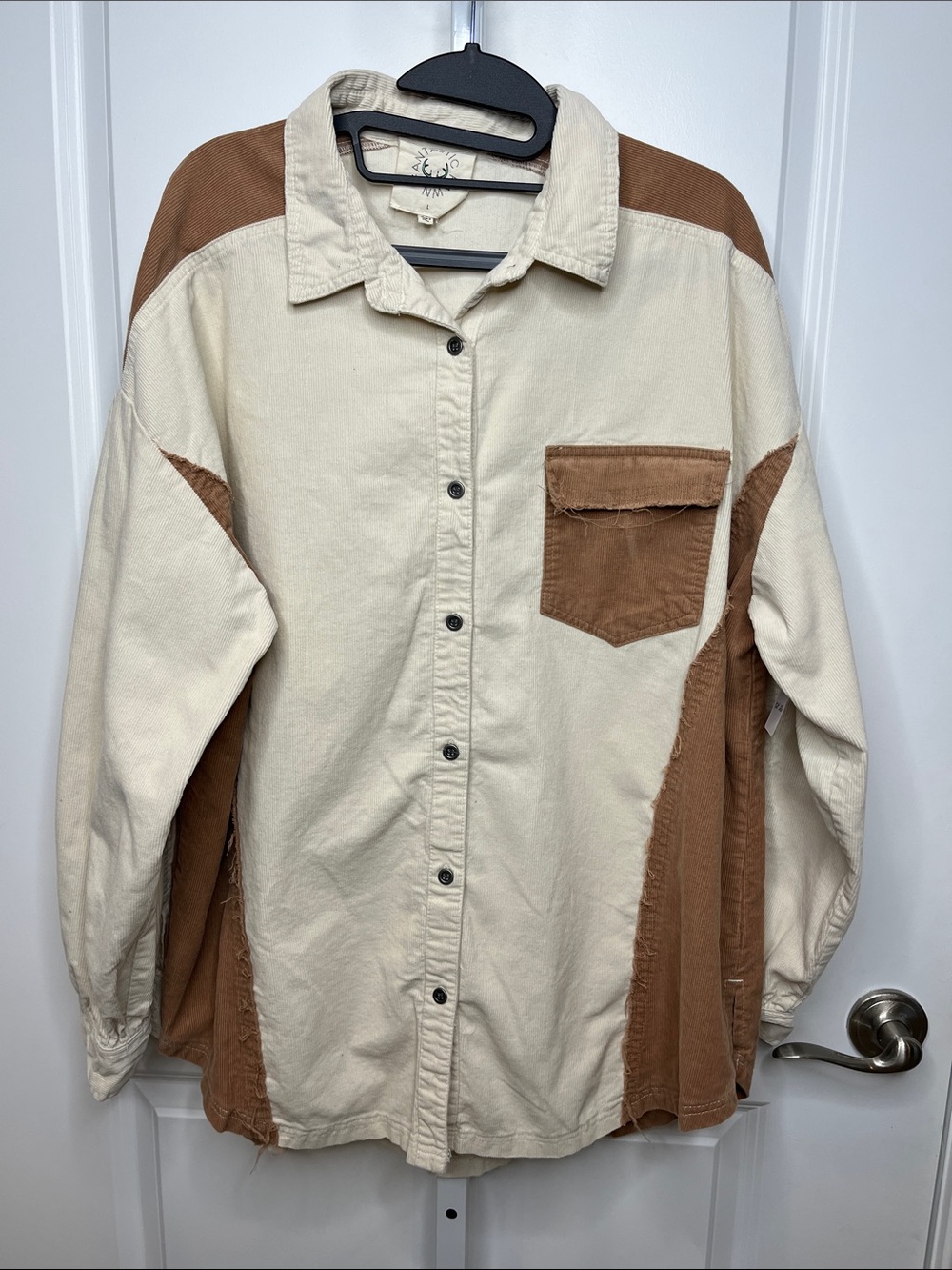 Two-Tone Corduroy Distressed Button-Down Shirt in Cream & Brown Oversized Large